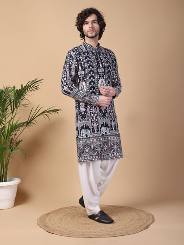 Navy & White Motif Kurta Set