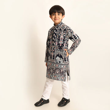 Navy Motif Kurta Set