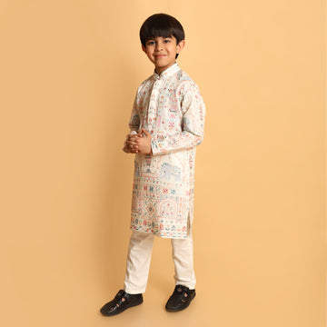 White Multi Colored Motif Kurta Set