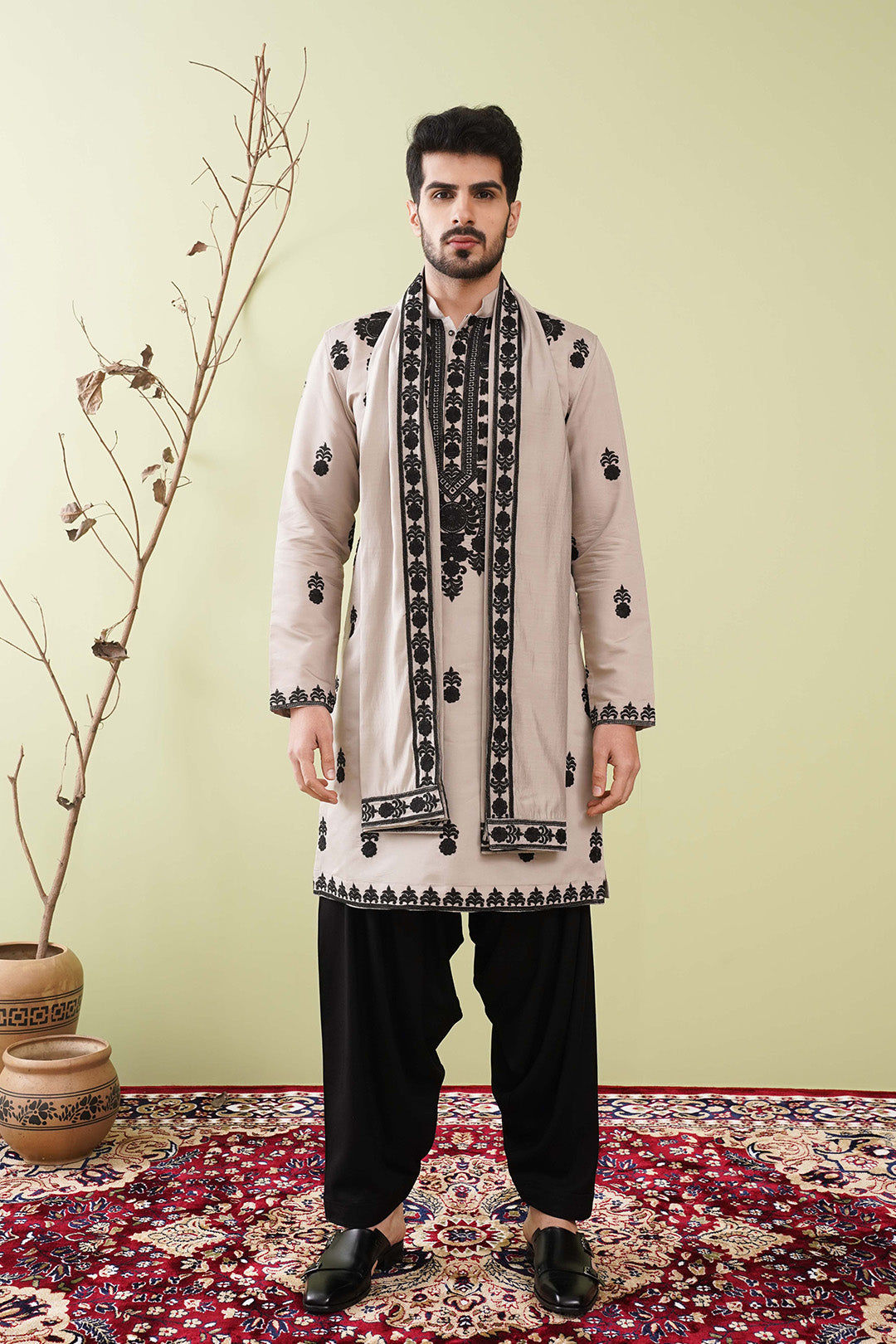Beige & Black Neck work dupatta Kurta - The Absolute House Of Design 