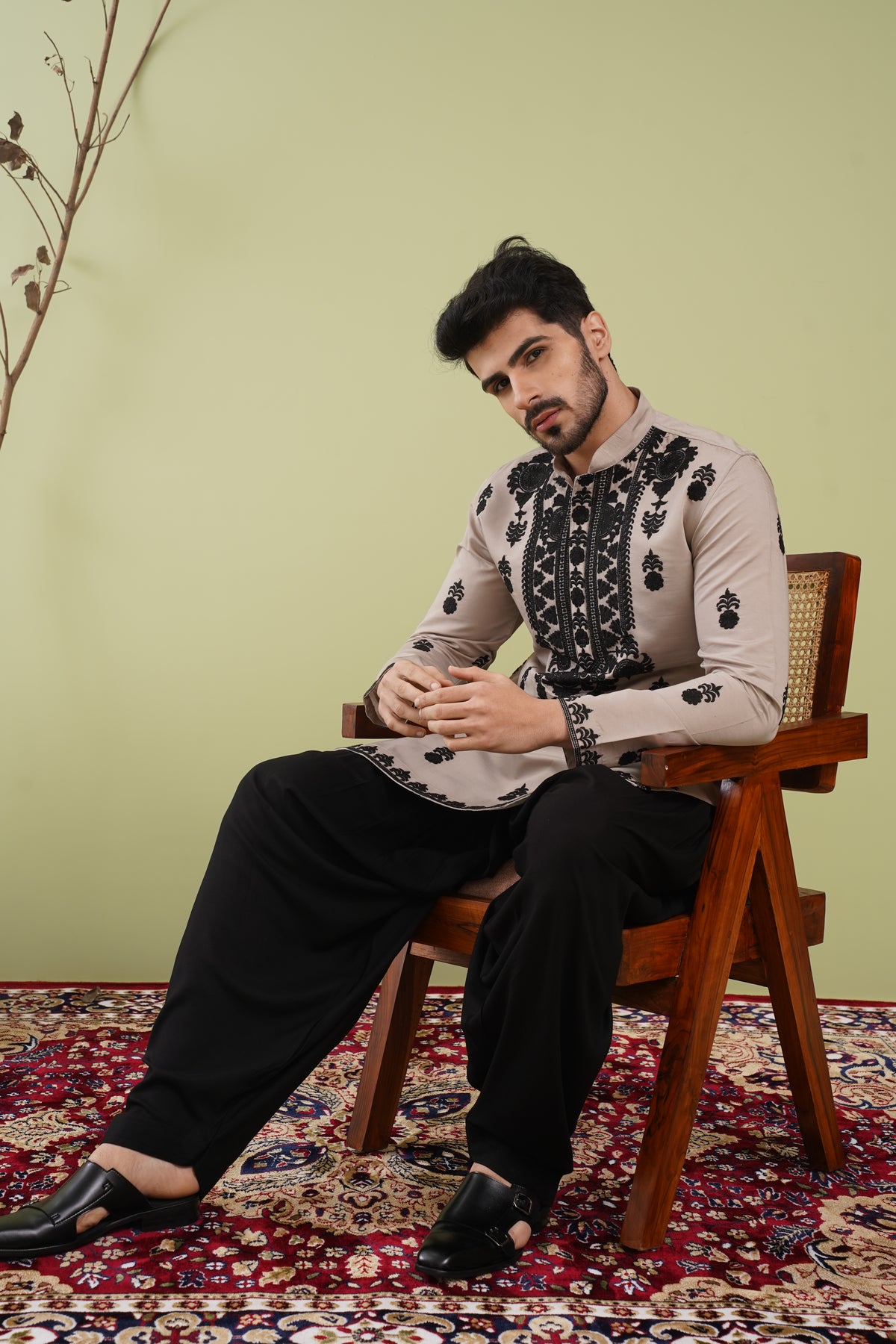 Beige & Black Neck work dupatta Kurta - The Absolute House Of Design 