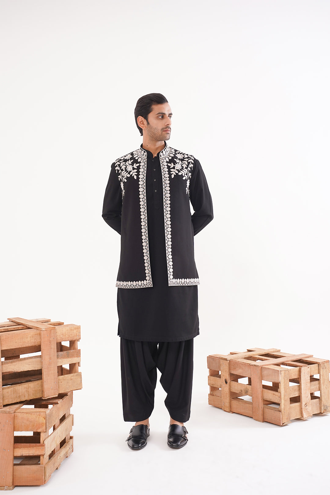 Black Threadwork Kurta Jacket Set - The Absolute House Of Design 