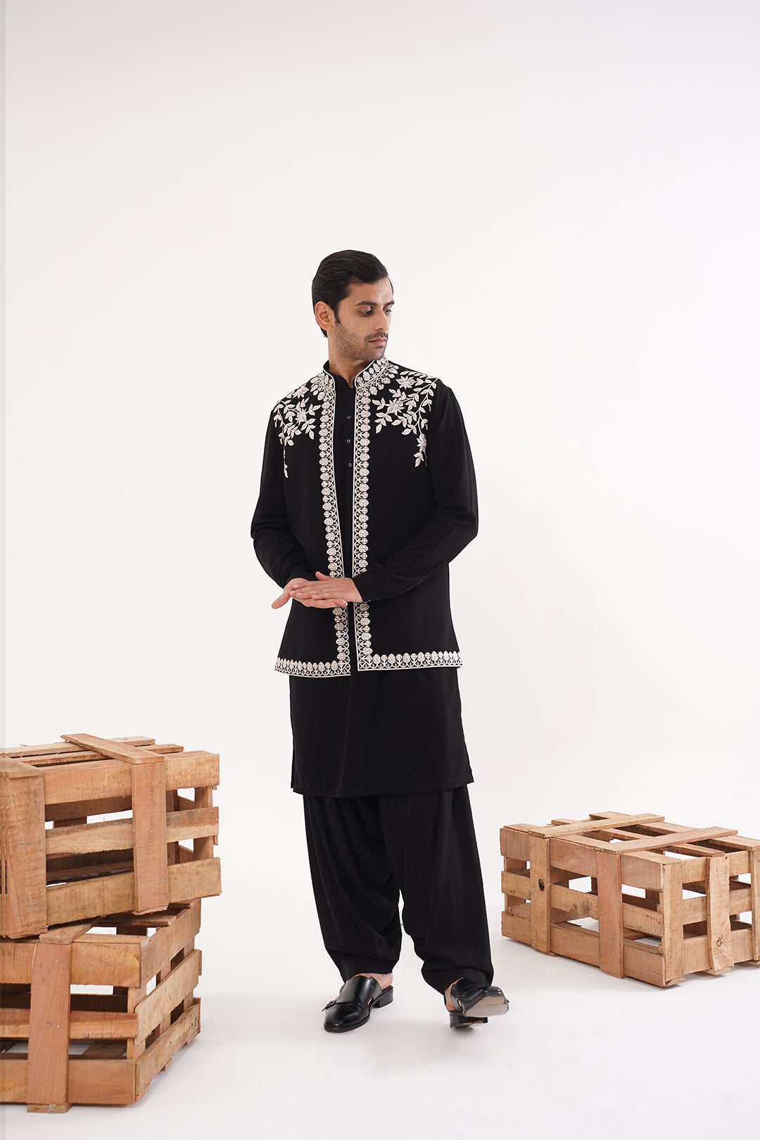 Black Threadwork Kurta Jacket Set - The Absolute House Of Design 