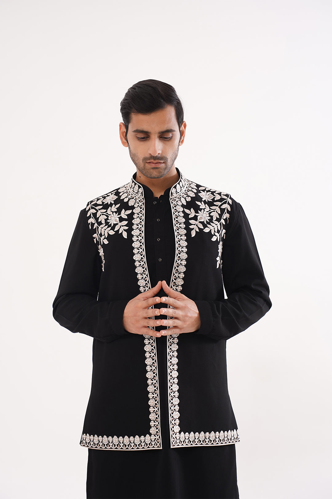 Black Threadwork Kurta Jacket Set - The Absolute House Of Design 