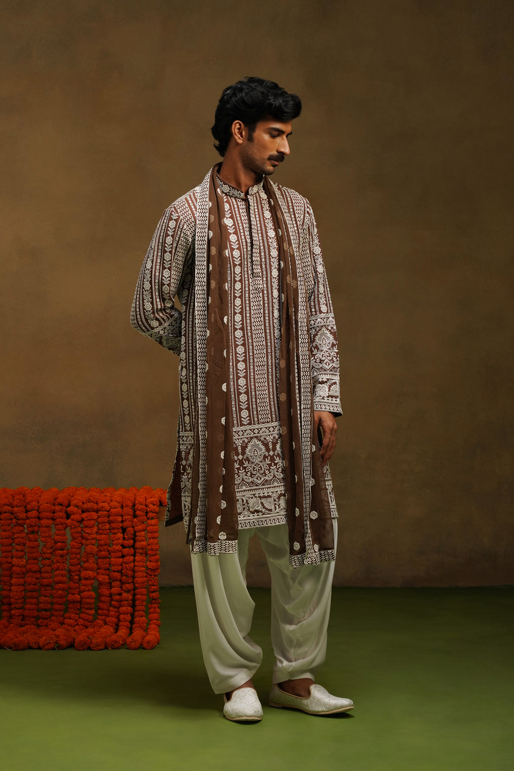 Mocha Brown Chikankari Dupatta Kurta Set
