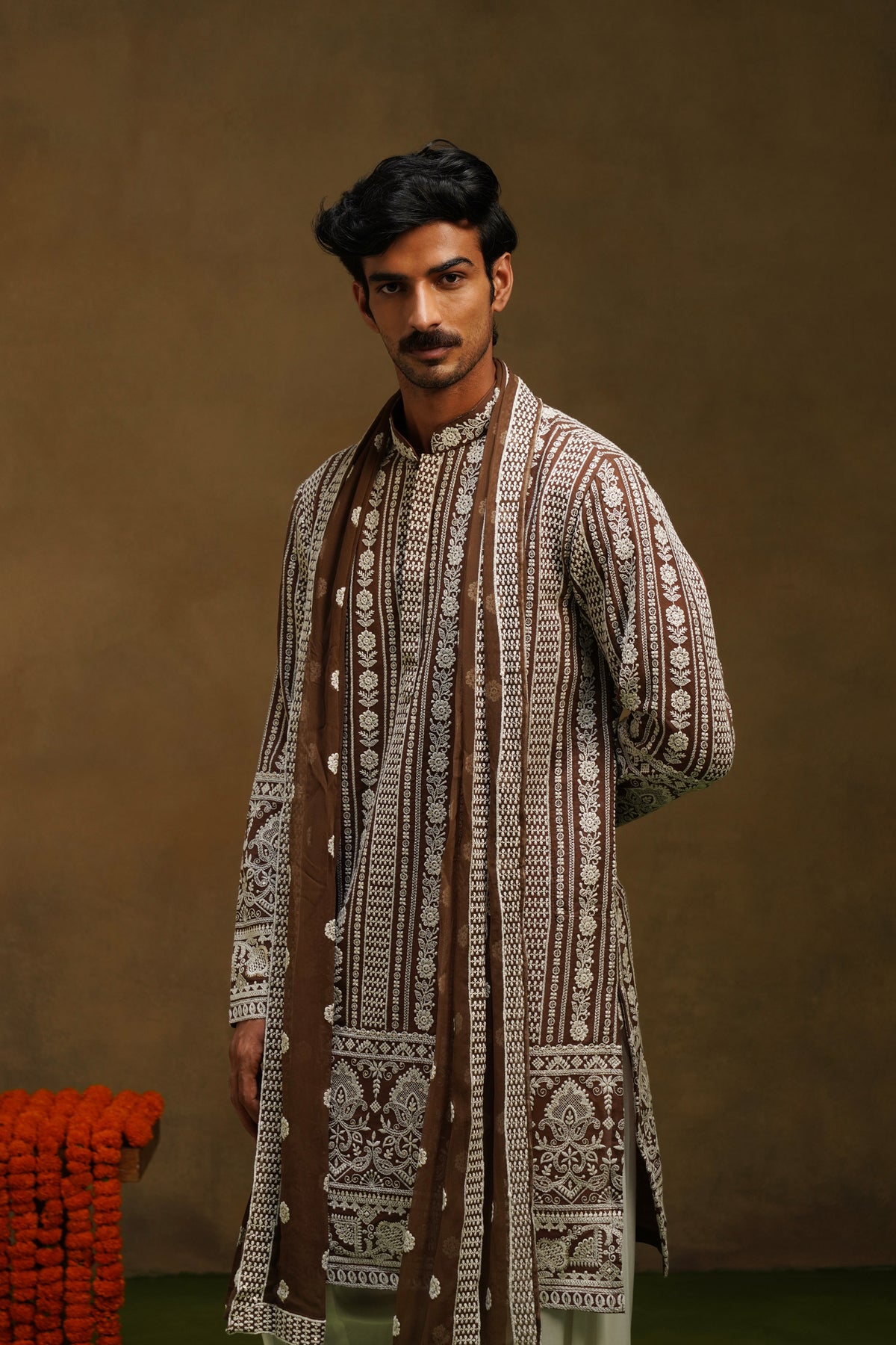 Mocha Brown Chikankari Dupatta Kurta Set