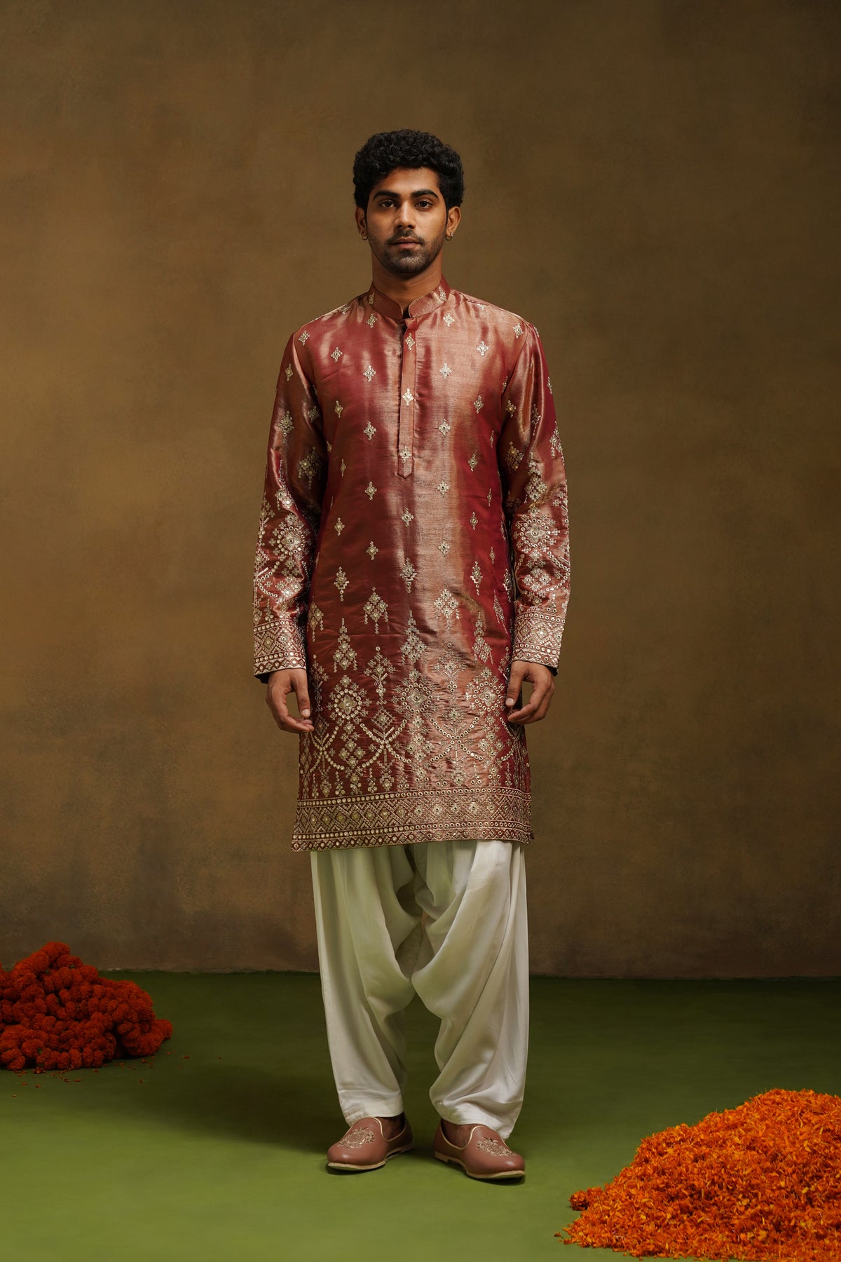 Rust Rose Silk Kurta Set
