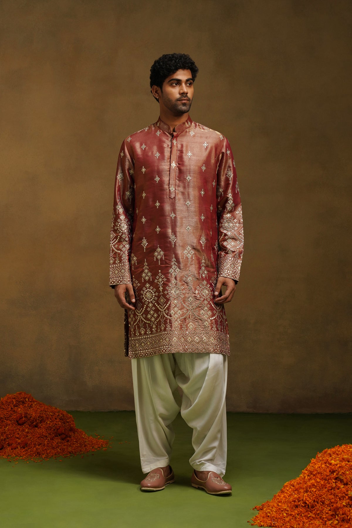 Rust Rose Silk Kurta Set