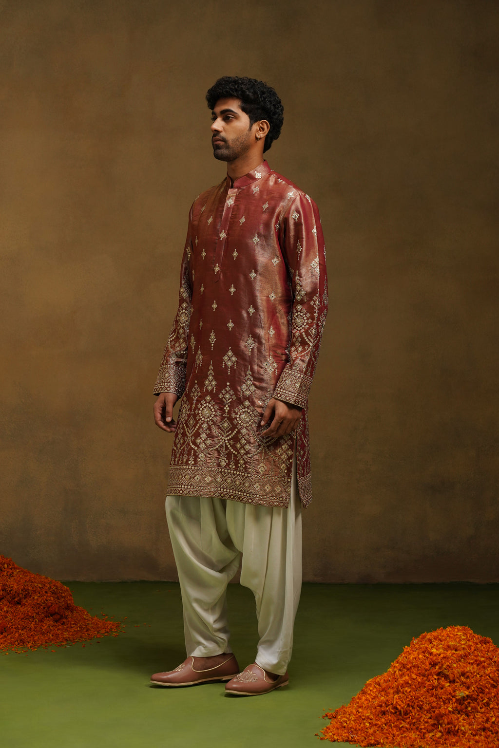 Rust Rose Silk Kurta Set