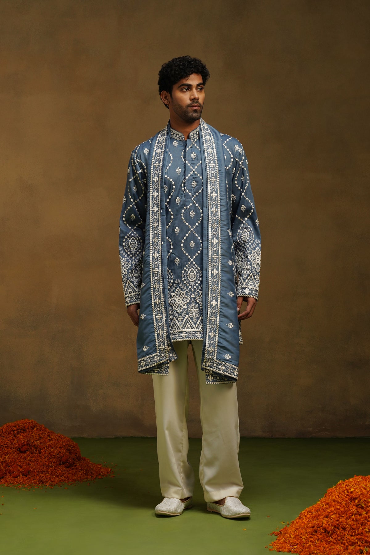 Steel Blue Threadwork Kurta Set