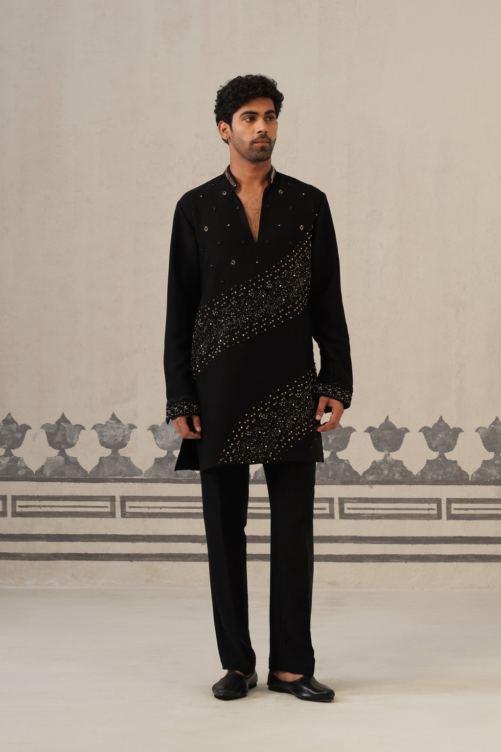 Black Cascade Handwork Japanese Kurta Set