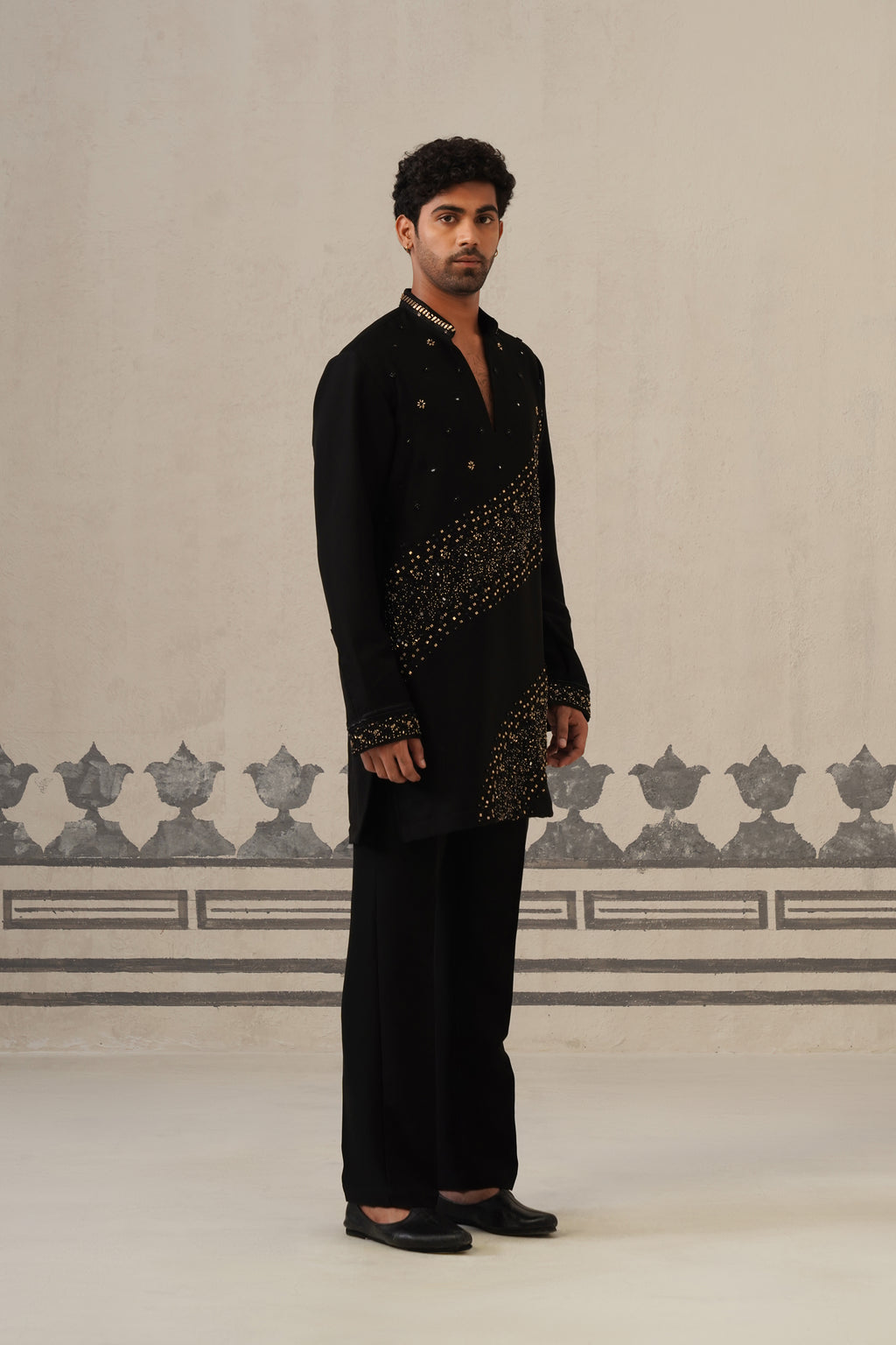 Black Cascade Handwork Japanese Kurta Set