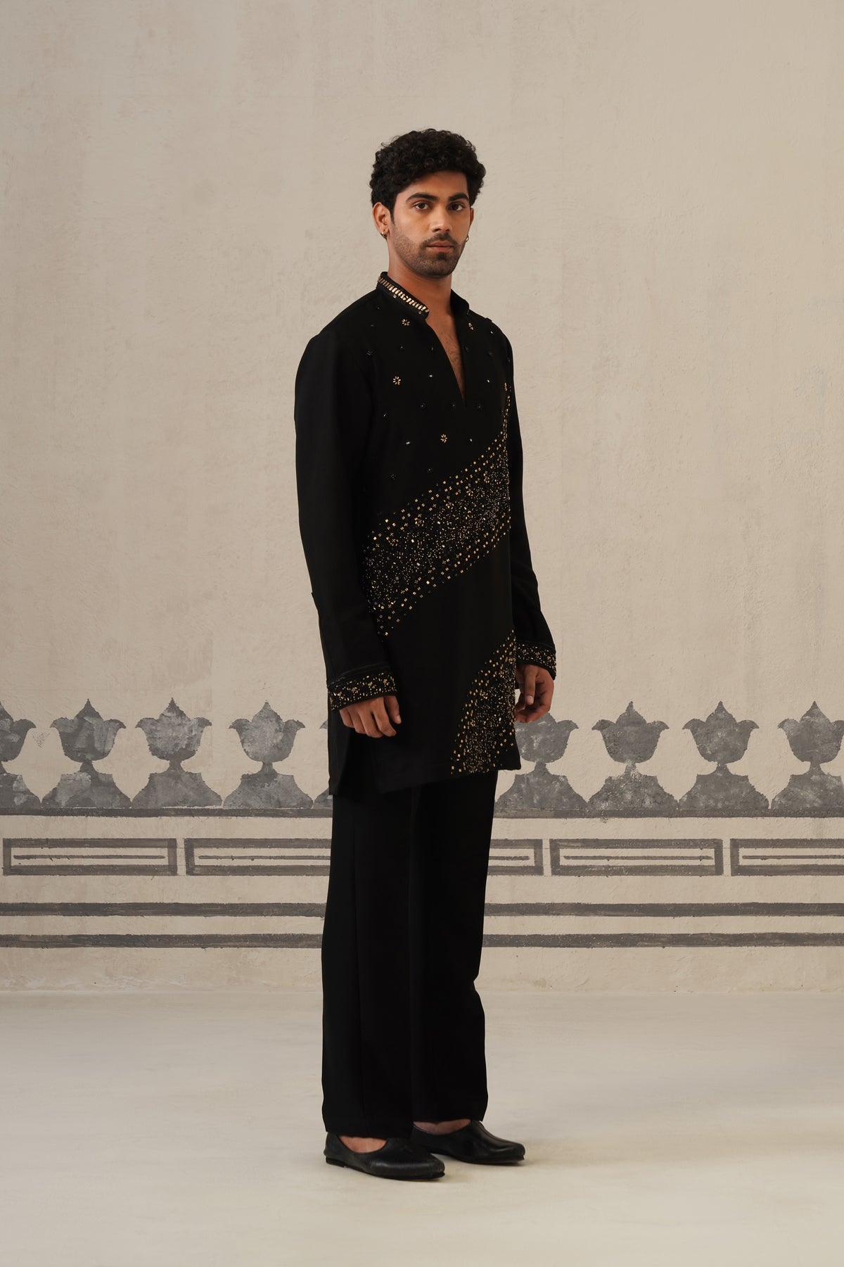 Black Cascade Handwork Japanese Kurta Set