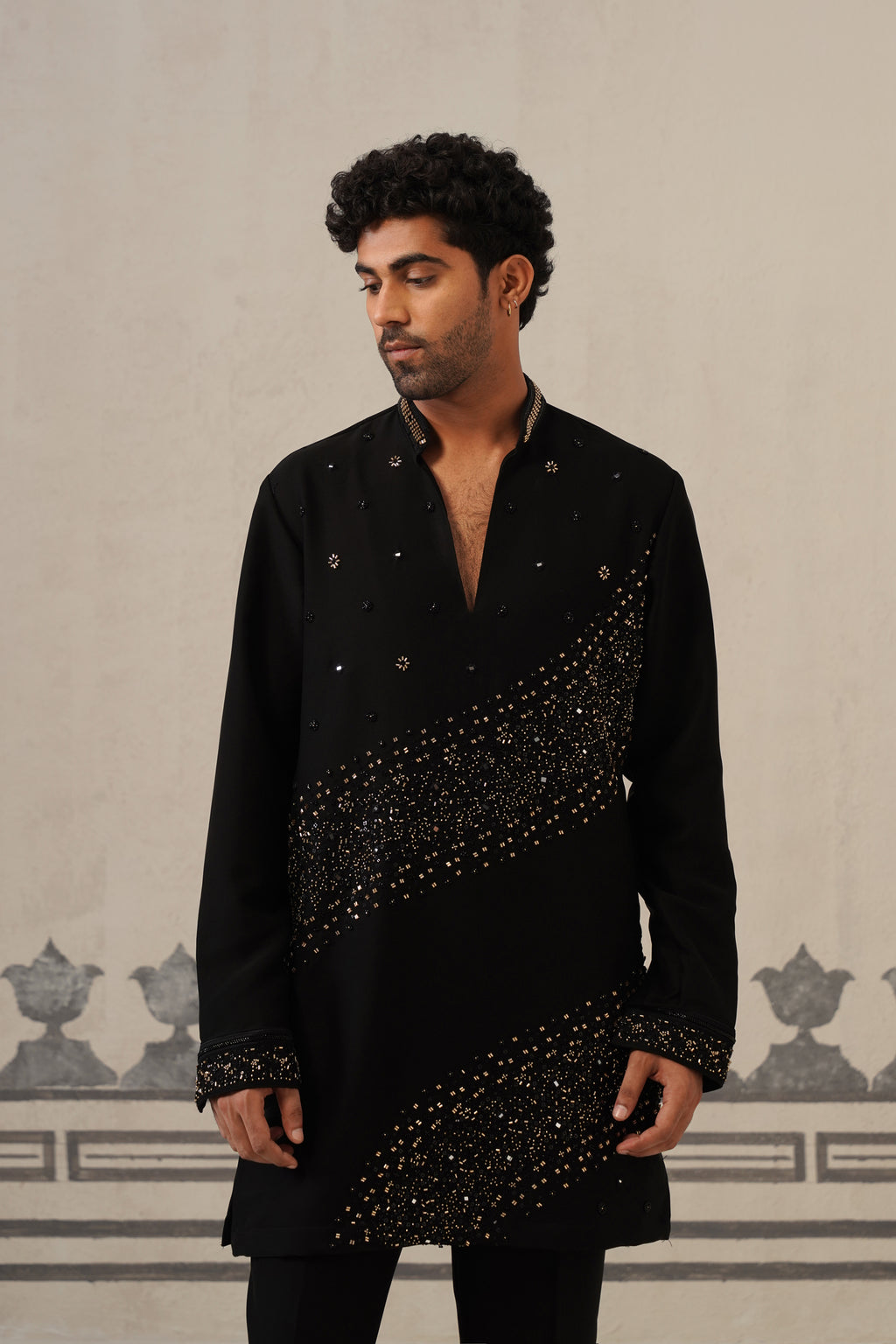 Black Cascade Handwork Japanese Kurta Set
