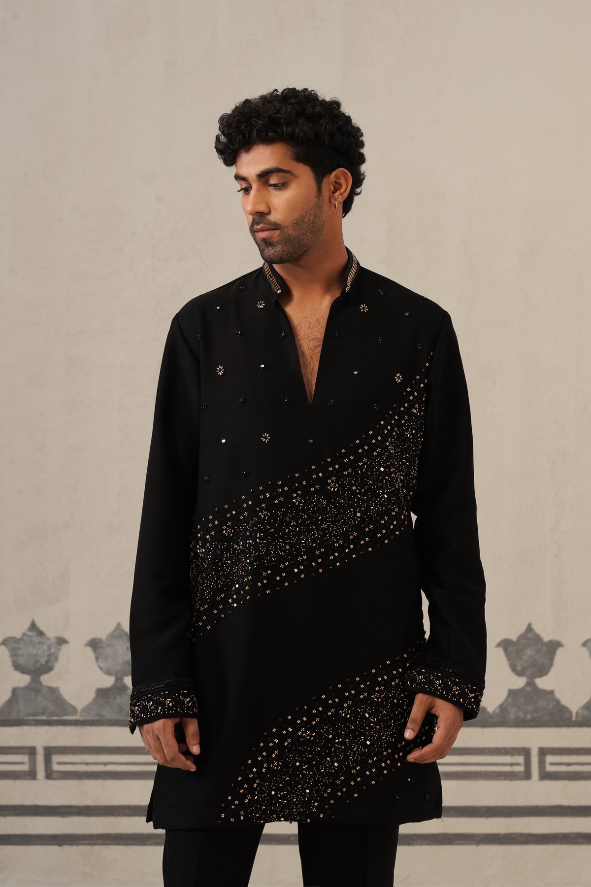 Black Cascade Handwork Japanese Kurta Set