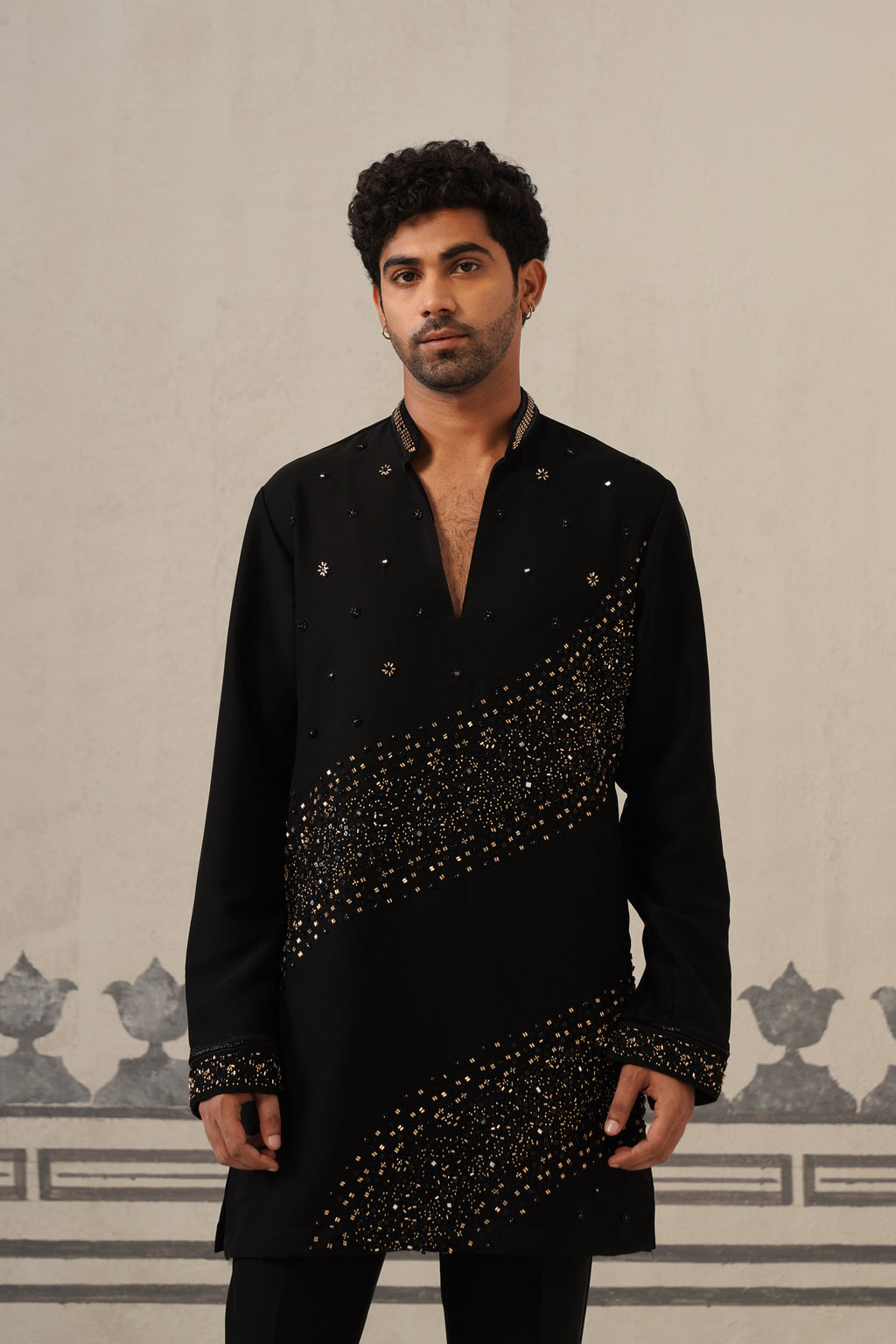 Black Cascade Handwork Japanese Kurta Set