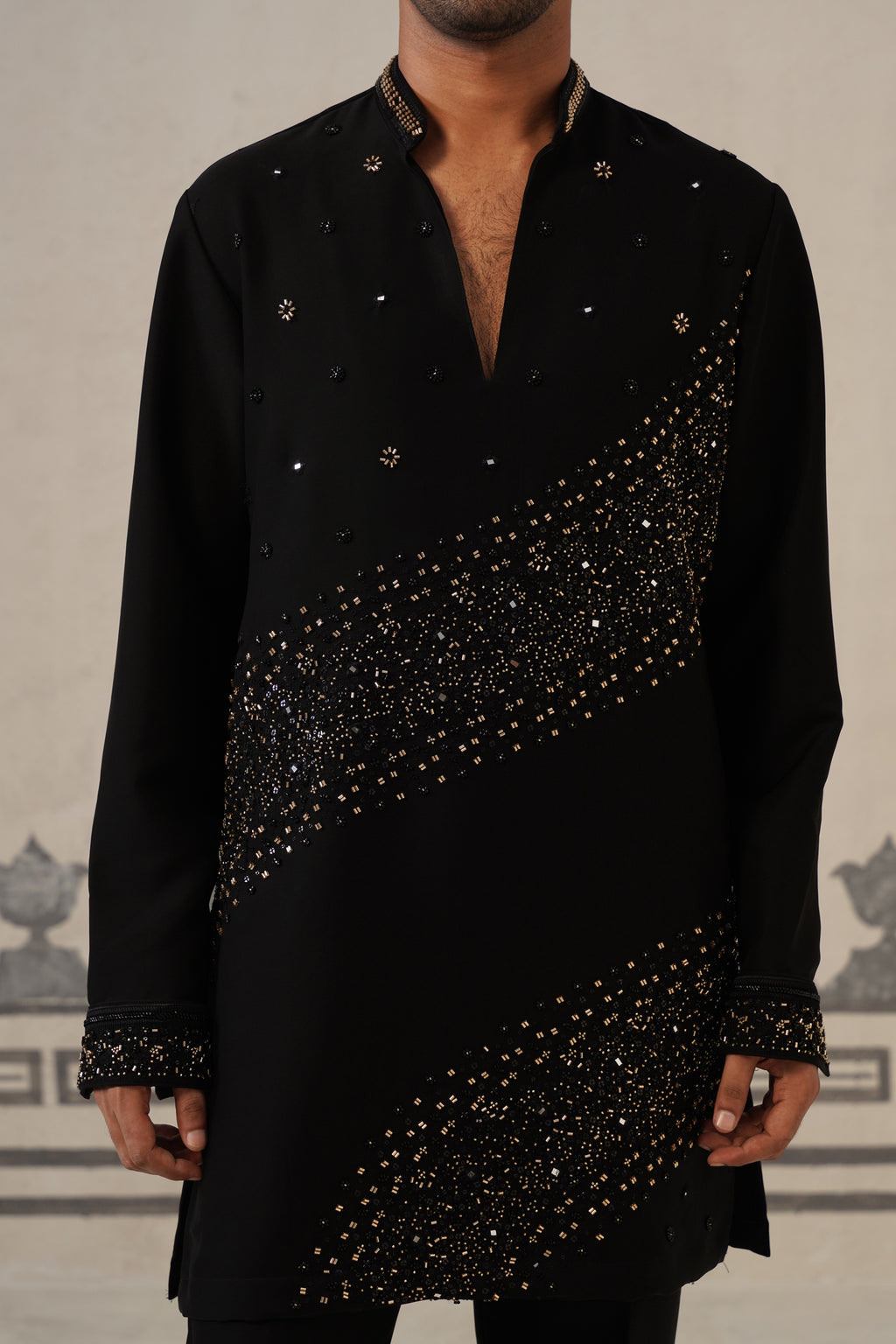 Black Cascade Handwork Japanese Kurta Set