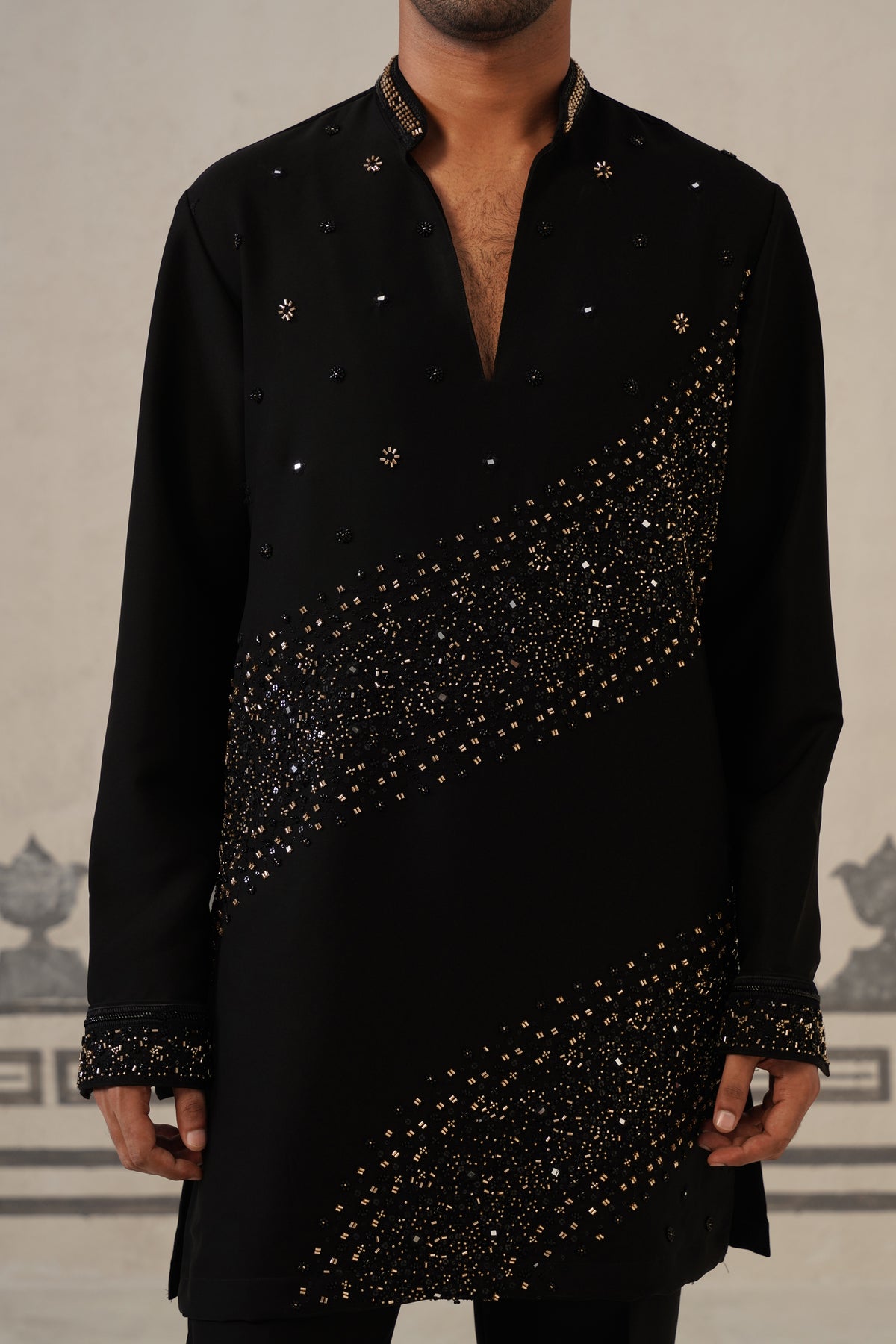 Black Cascade Handwork Japanese Kurta Set