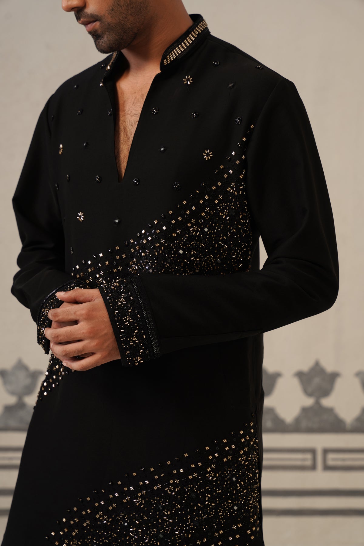 Black Cascade Handwork Japanese Kurta Set