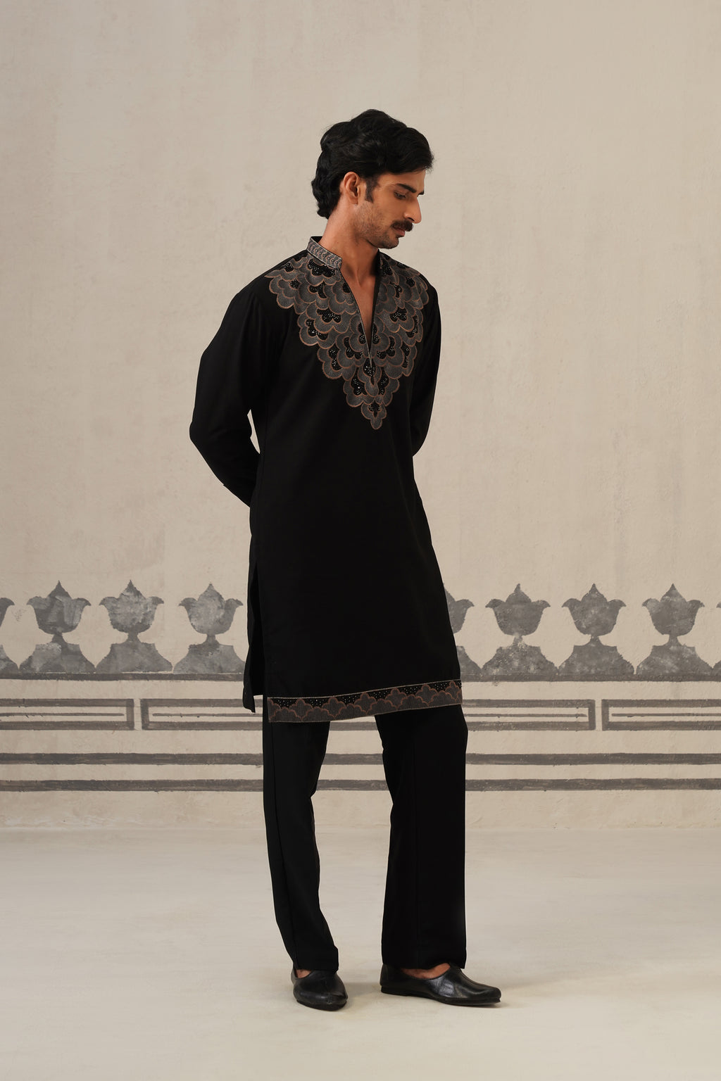 Black Gulzar Beadwork Japanese Kurta Set