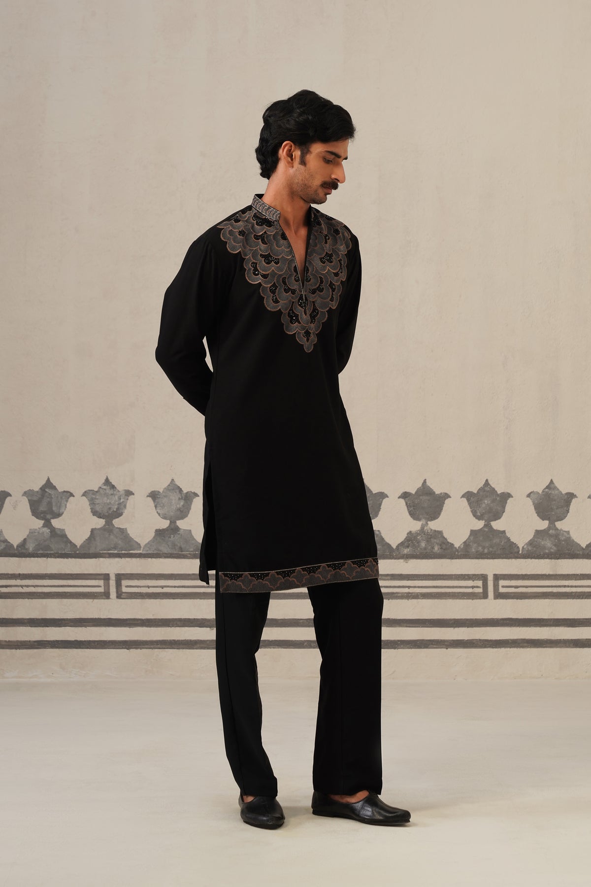 Black Gulzar Beadwork Japanese Kurta Set