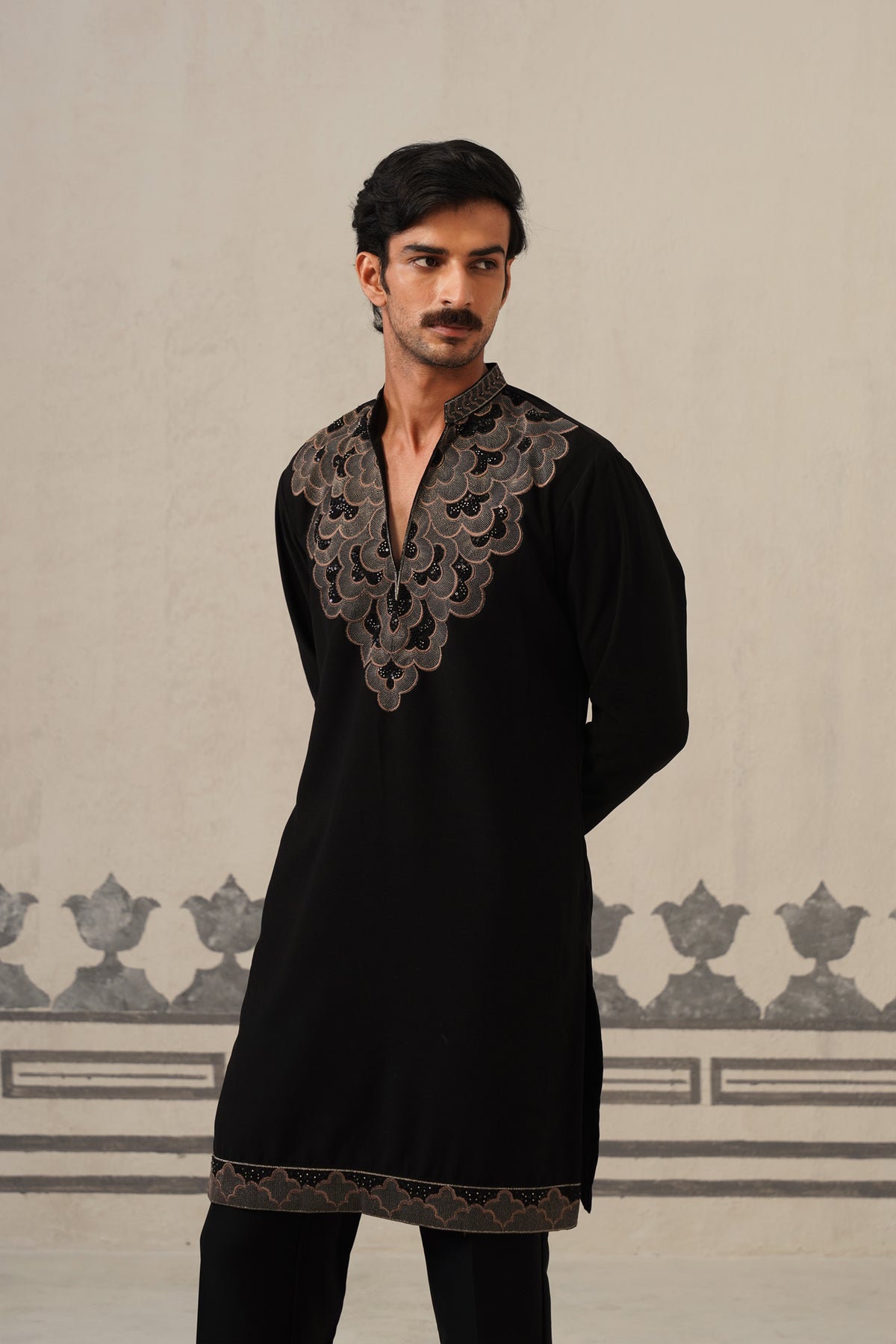 Black Gulzar Beadwork Japanese Kurta Set