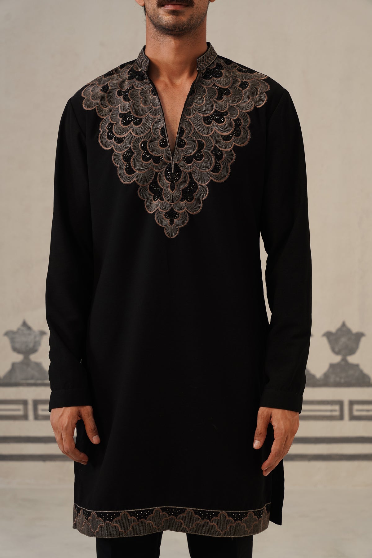 Black Gulzar Beadwork Japanese Kurta Set