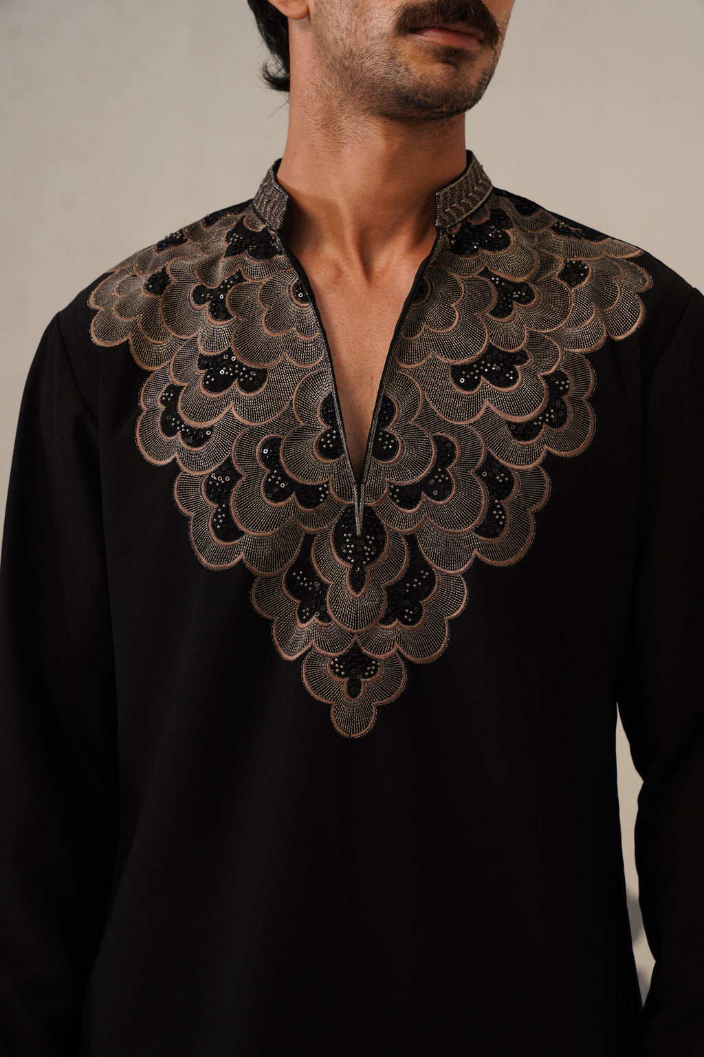 Black Gulzar Beadwork Japanese Kurta Set