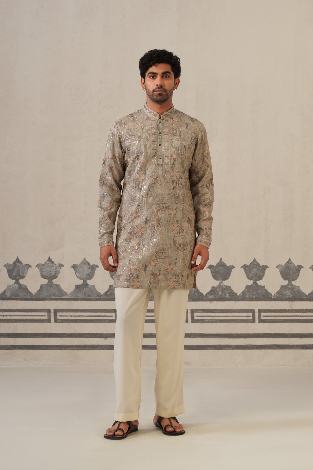 Grey Jacquard Print Kurta Set
