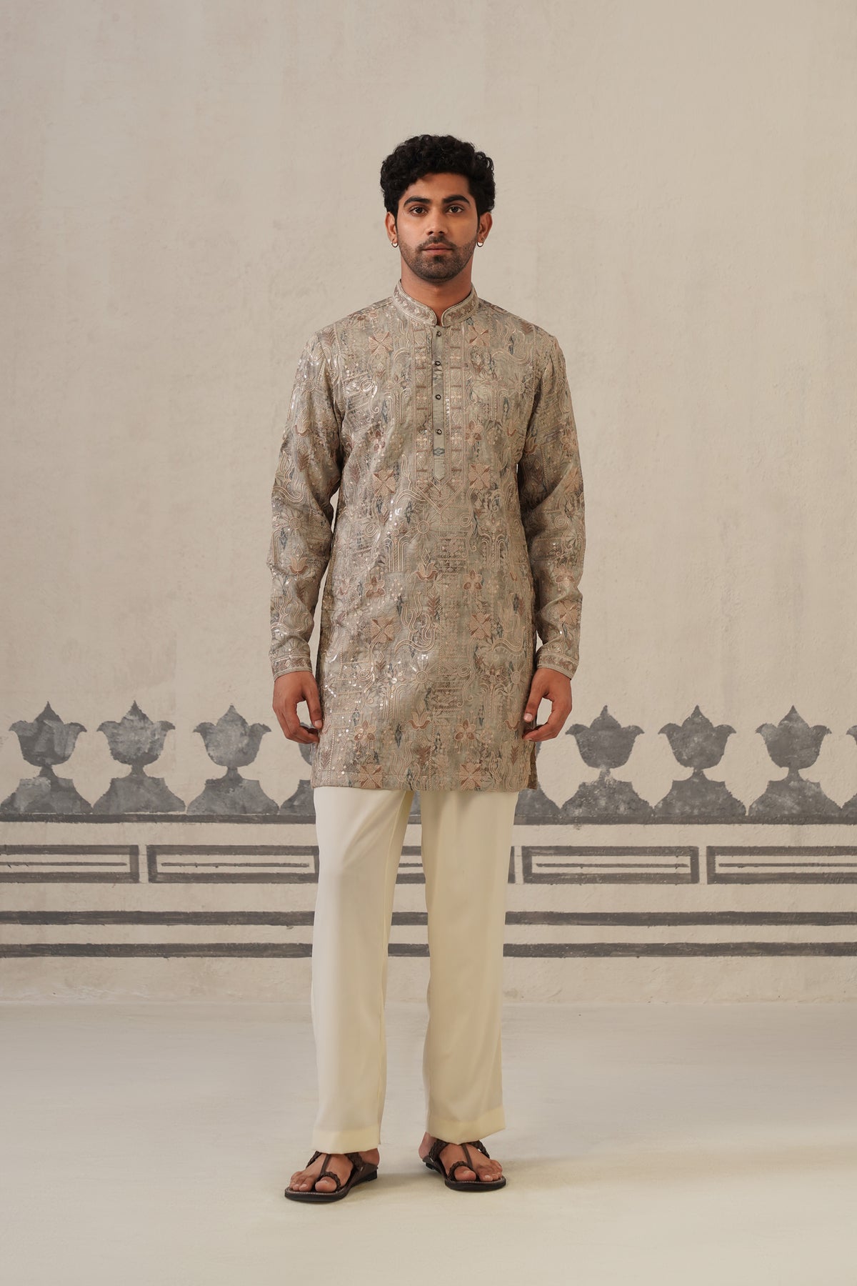 Grey Jacquard Print Kurta Set