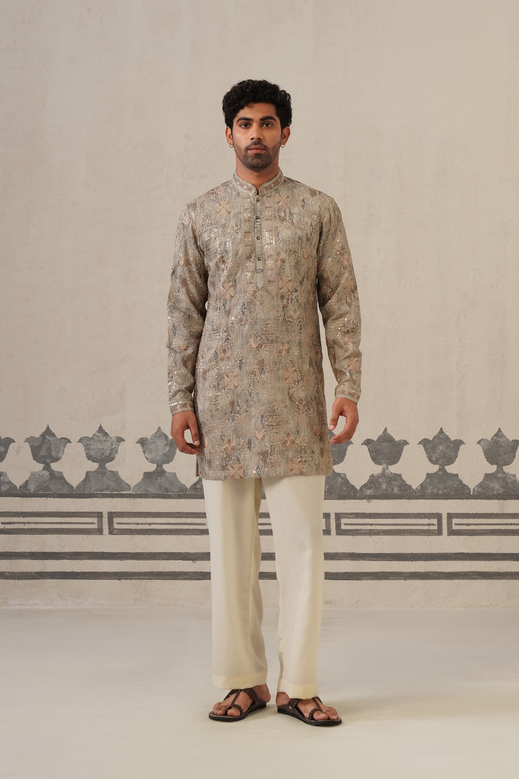 Grey Jacquard Print Kurta Set