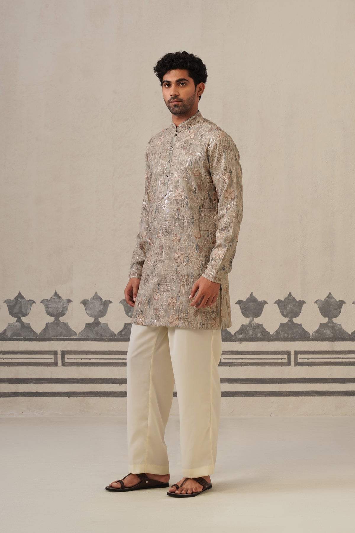 Grey Jacquard Print Kurta Set