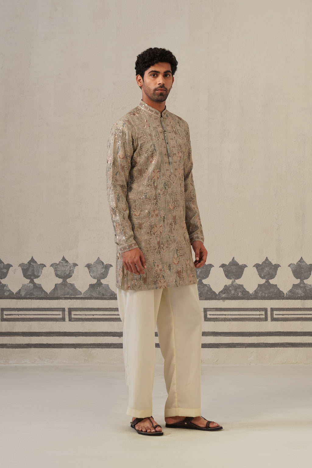 Grey Jacquard Print Kurta Set