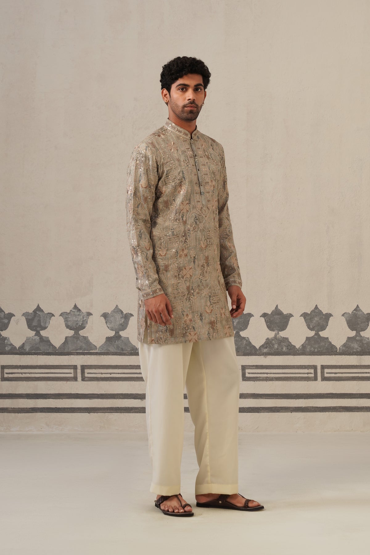 Grey Jacquard Print Kurta Set