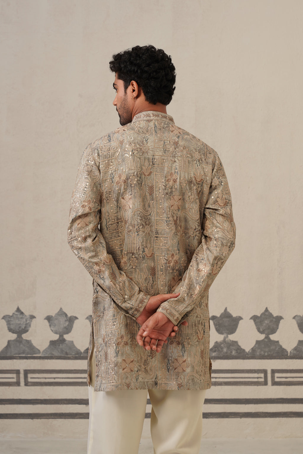 Grey Jacquard Print Kurta Set