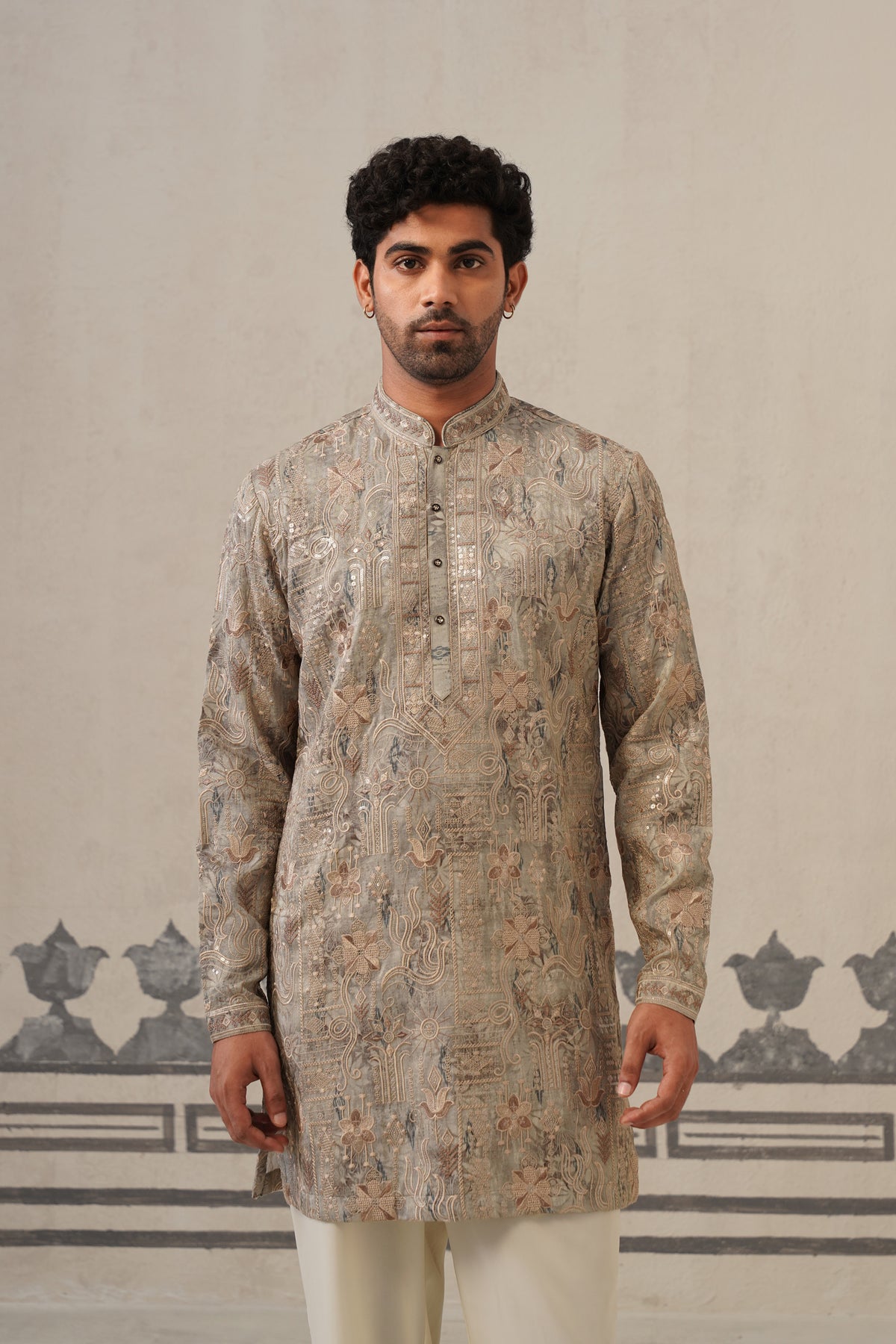 Grey Jacquard Print Kurta Set