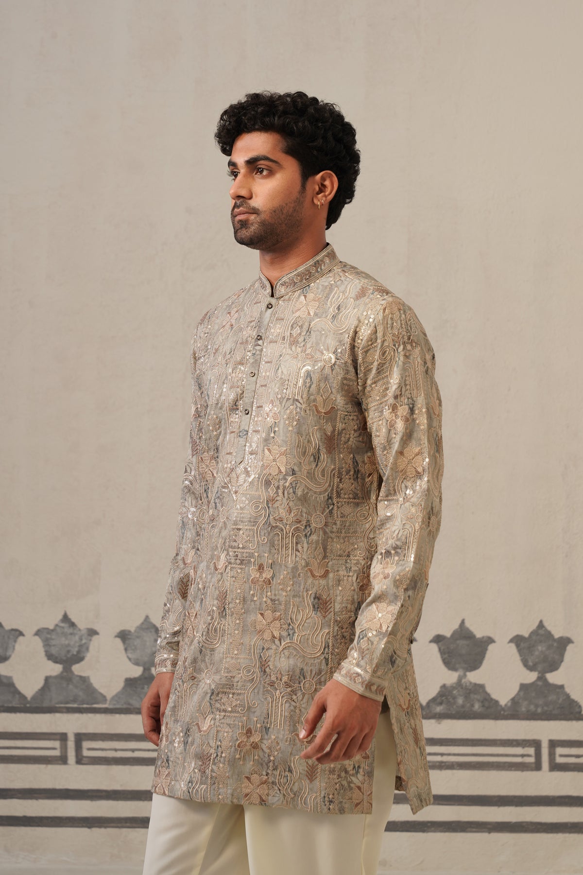 Grey Jacquard Print Kurta Set