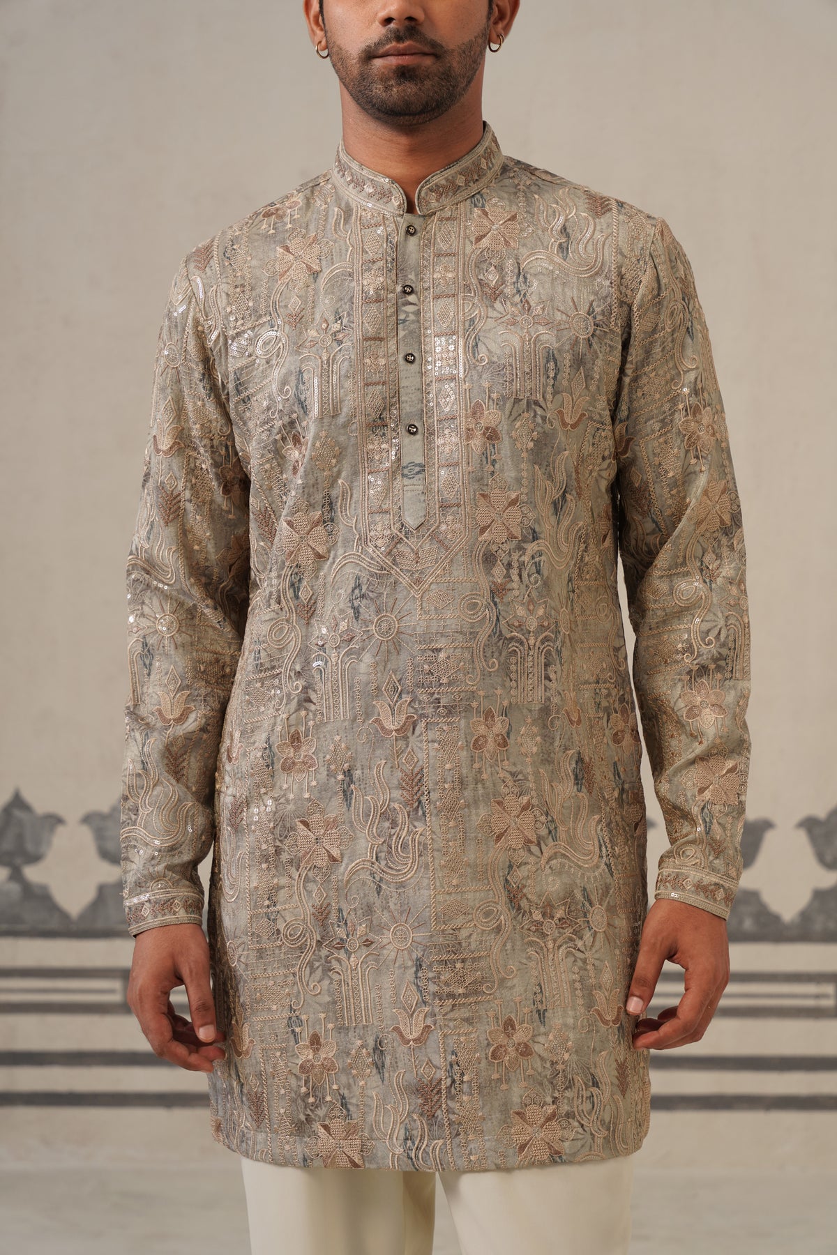 Grey Jacquard Print Kurta Set