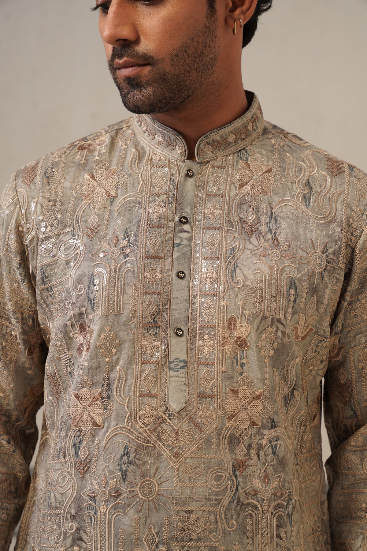 Grey Jacquard Print Kurta Set