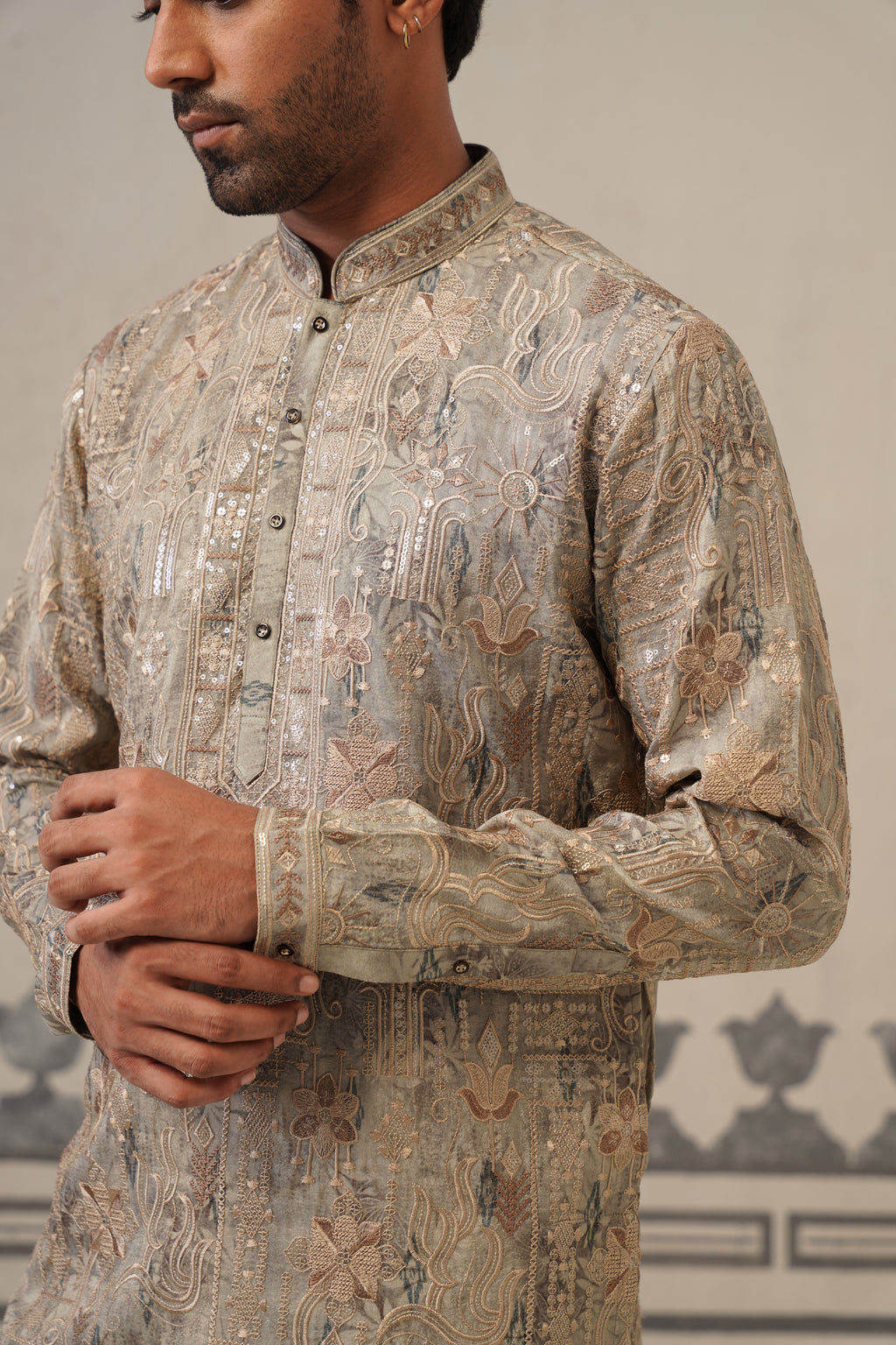 Grey Jacquard Print Kurta Set