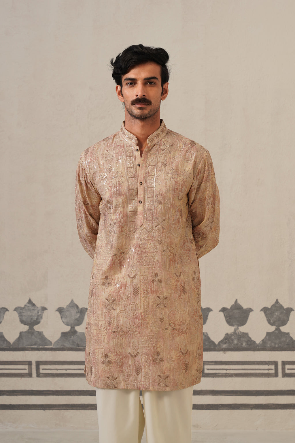 Onion Pink Jacquard Print Kurta Set