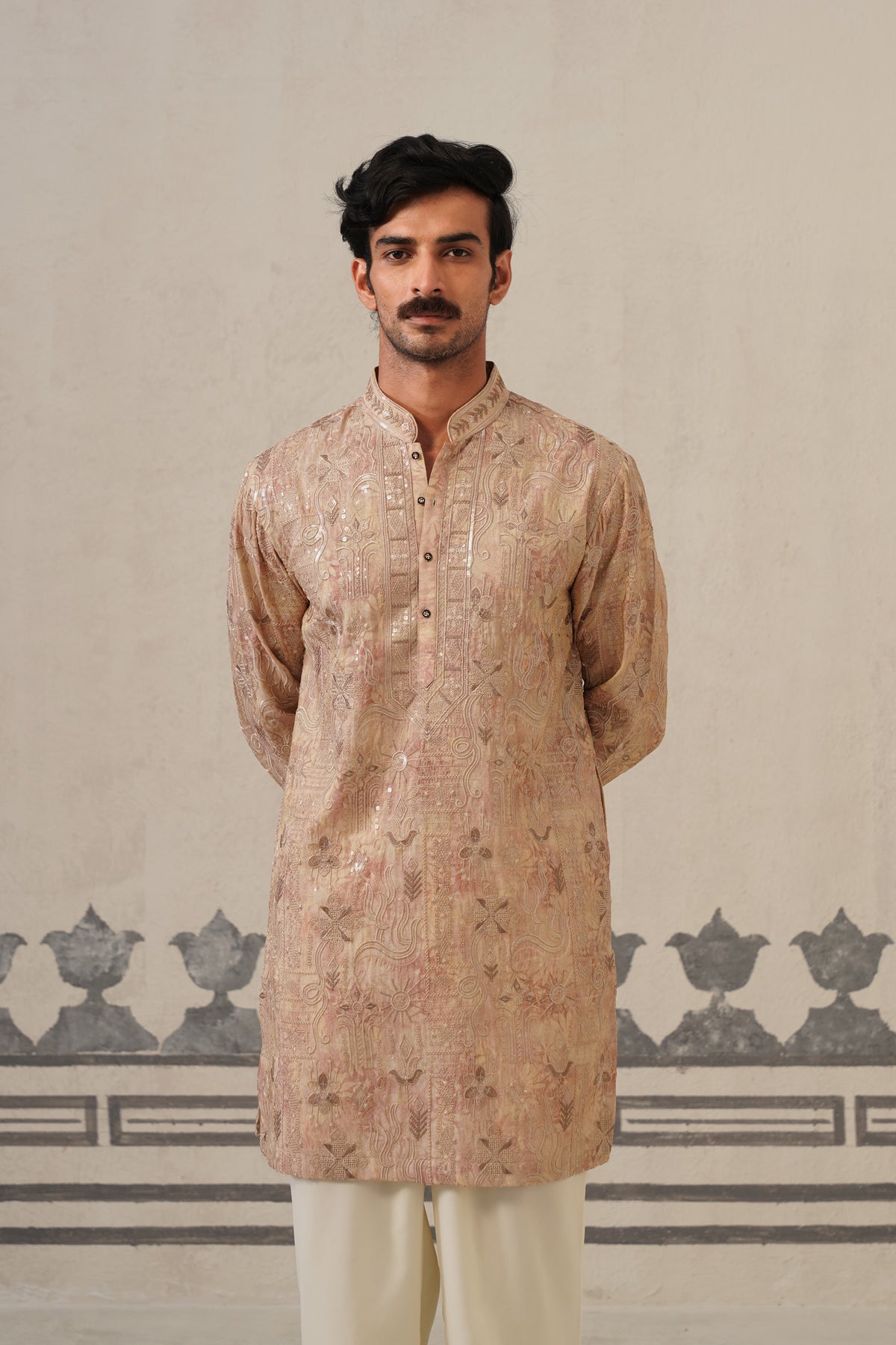 Onion Pink Jacquard Print Kurta Set