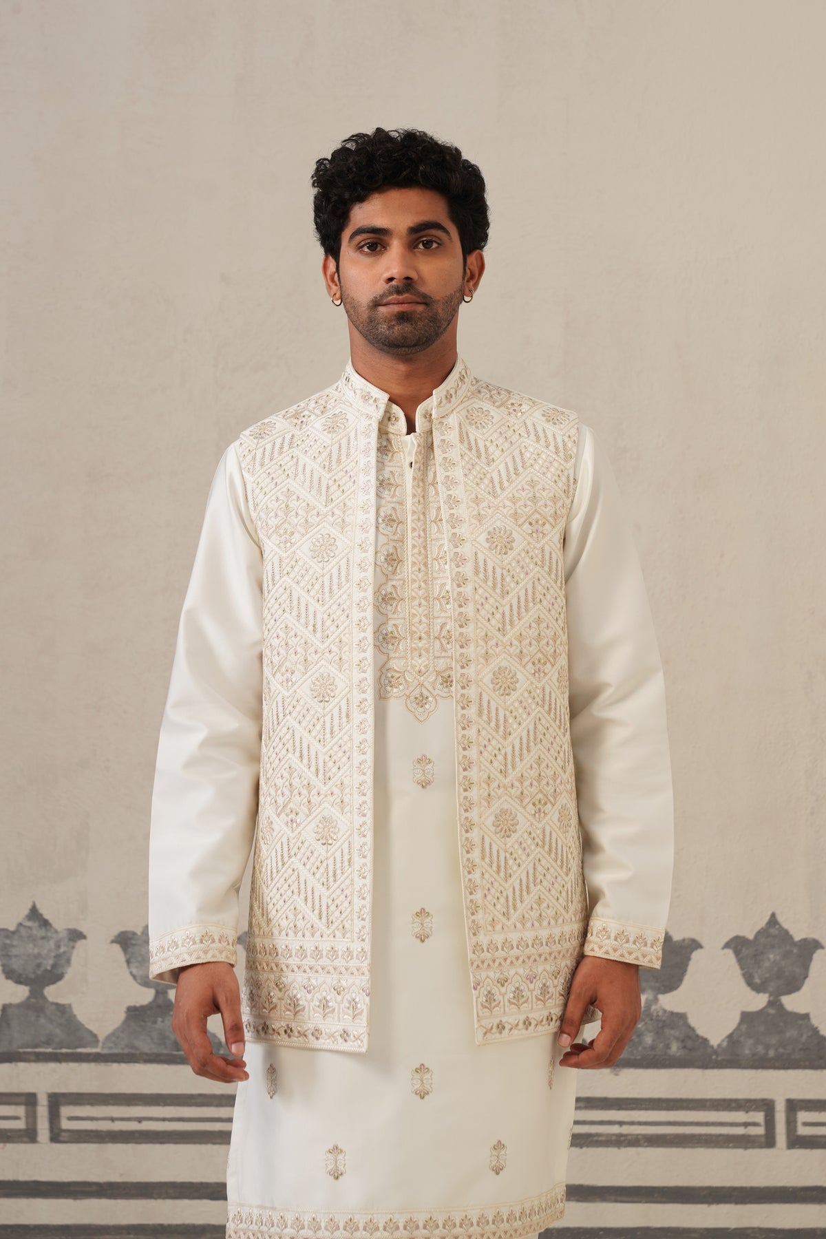 Ivory Embroidery Kurta Jacket Set