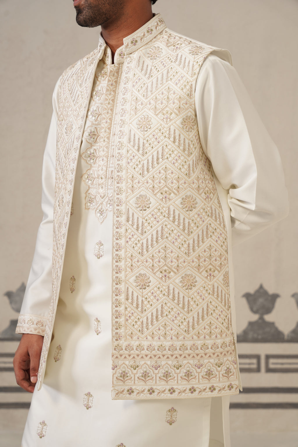 Ivory Embroidery Kurta Jacket Set