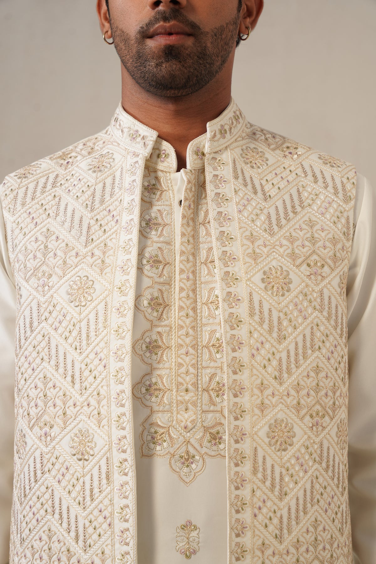 Ivory Embroidery Kurta Jacket Set