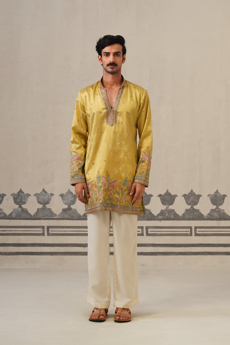 Mustard Floral V Neck Kurta Set