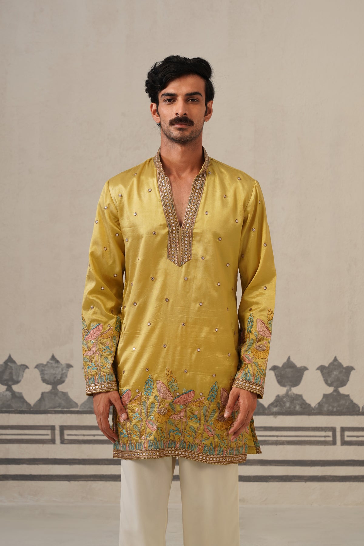 Mustard Floral V Neck Kurta Set