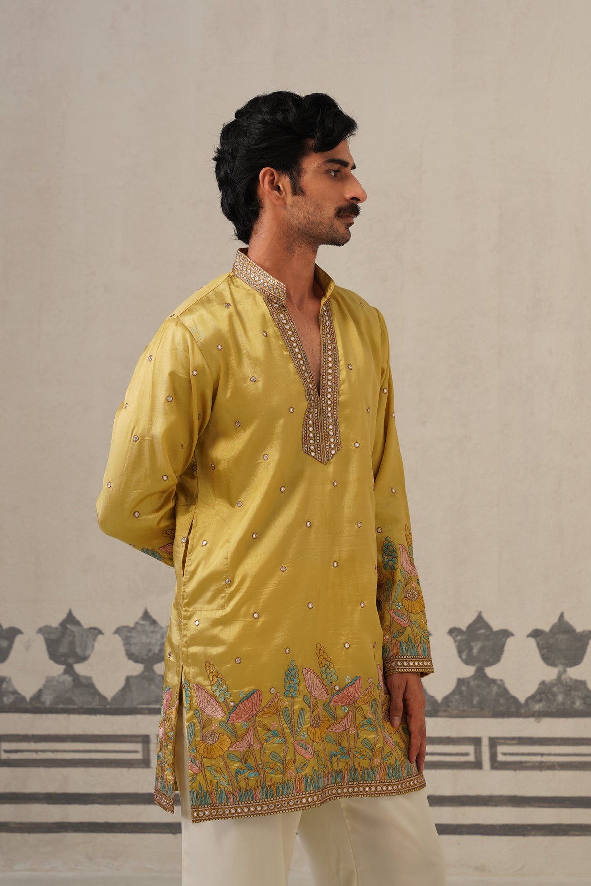 Mustard Floral V Neck Kurta Set