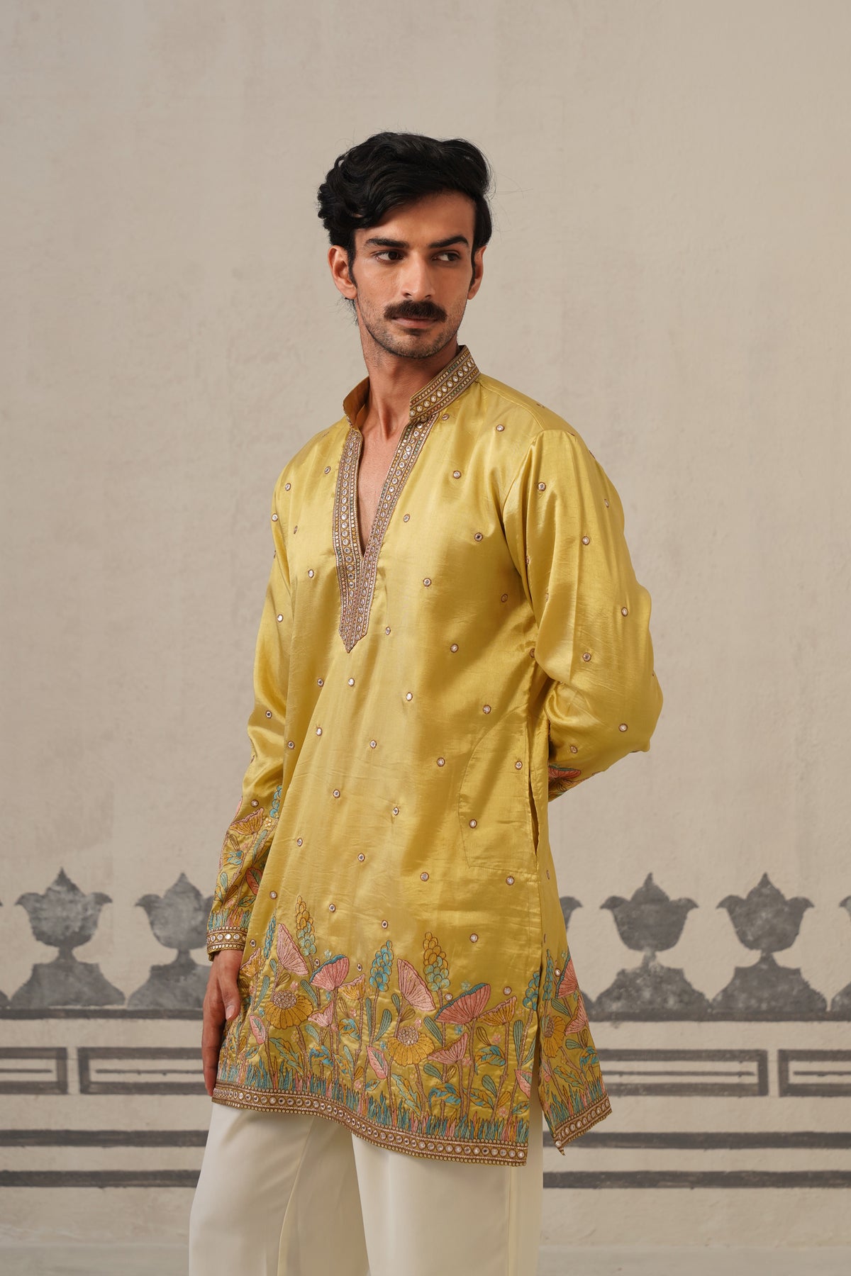 Mustard Floral V Neck Kurta Set
