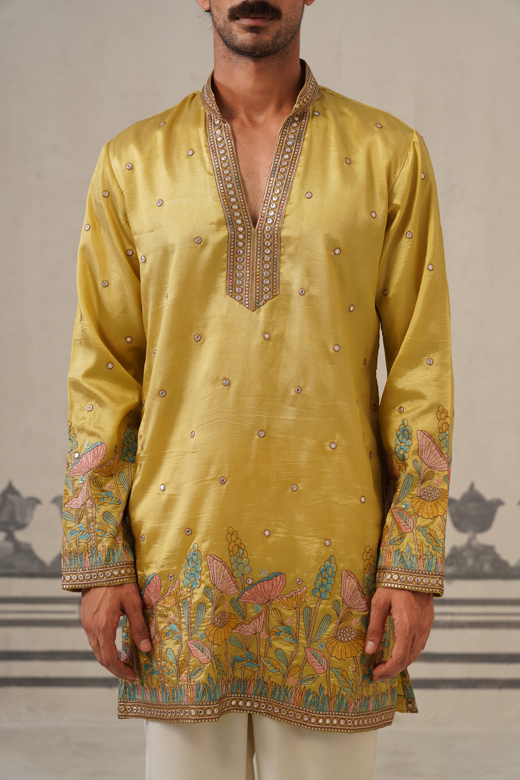 Mustard Floral V Neck Kurta Set